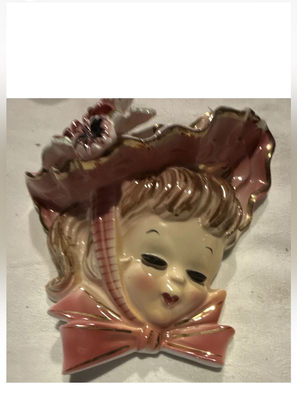 Vintage Ceramic Girl Wall Pocket - Pink with Gold Trim